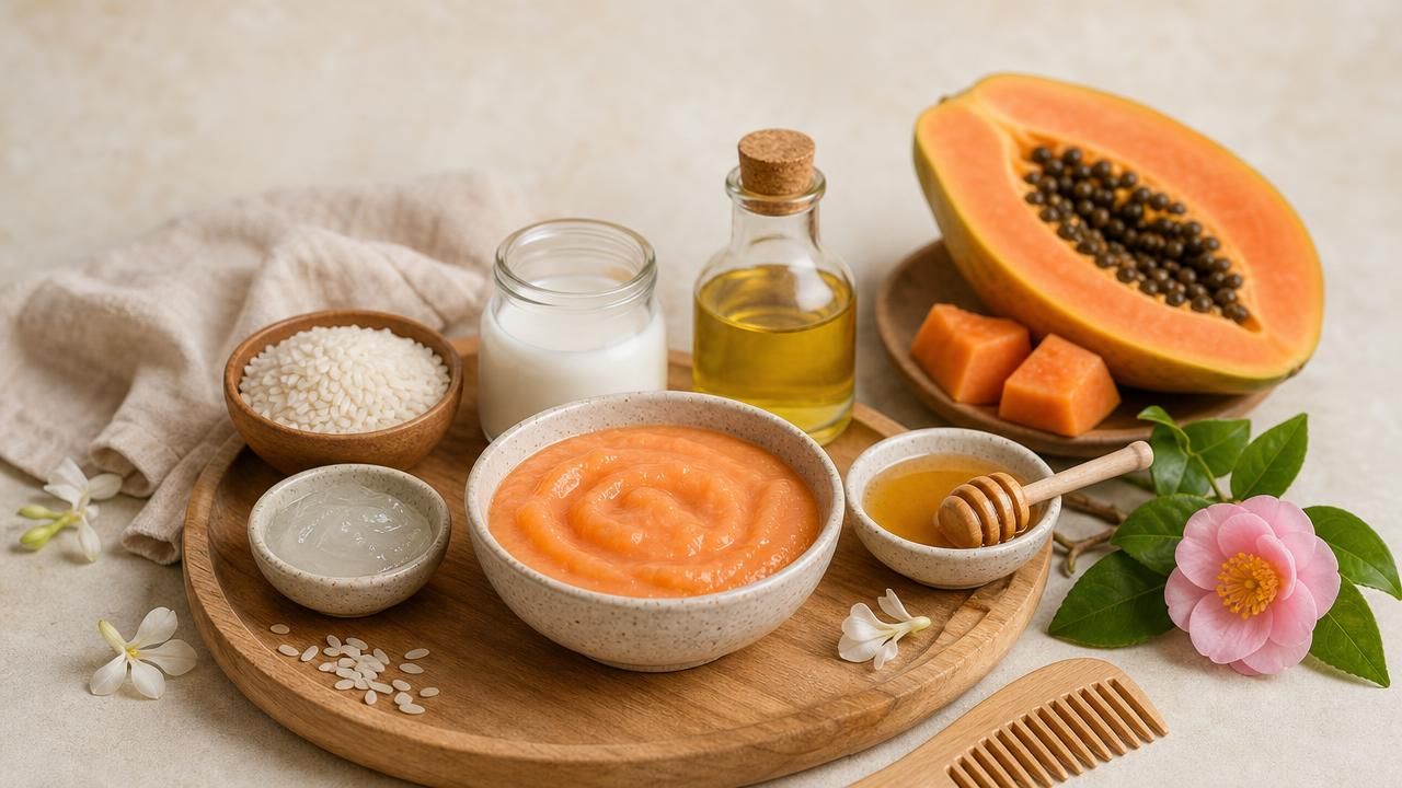 Première image de la recette Masque Capillaire Éclat à la Papaye, Lait de Riz et Huile de Camélia pour Cheveux Ternes