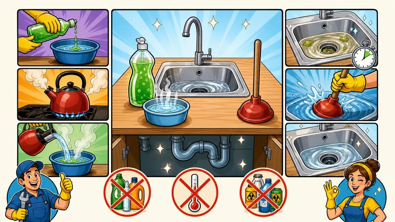 Première image de la recette Déboucheur CanalGlisse Maison : Liquide Vaisselle et Eau Chaude contre les Bouchons Gras
