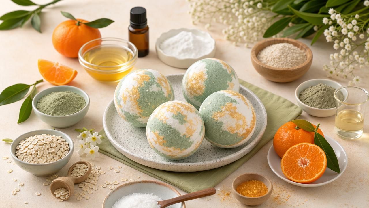 Première image de la recette Bombe de Bain Marbrée à la Mandarine, Avoine et Argile Verte
