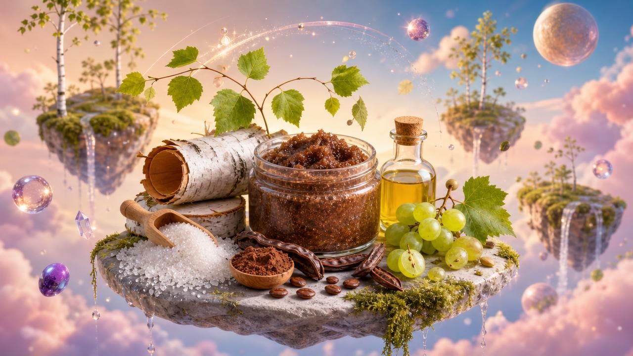 Première image de la recette Exfoliant Corps au Sucre de Bouleau, Caroube et Huile de Pépin de Raisin