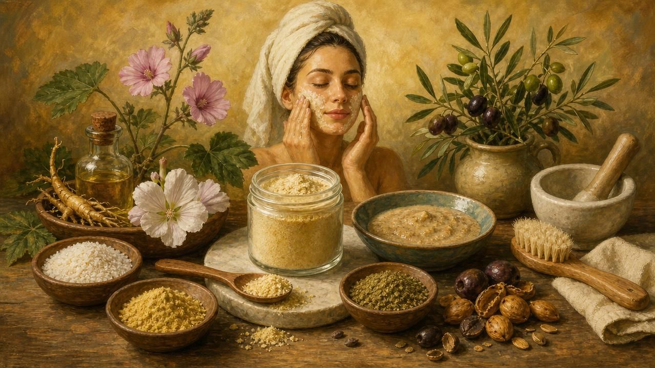 Première image de la recette Poudre Nettoyante Exfoliante Visage à l’Argile Jaune, Guimauve et Noyaux d’Olive