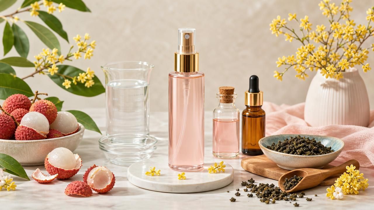 Première image de la recette Spray Corporel DIY Litchi, Osmanthus & Thé Oolong : une Brume Fruitée et Élégante