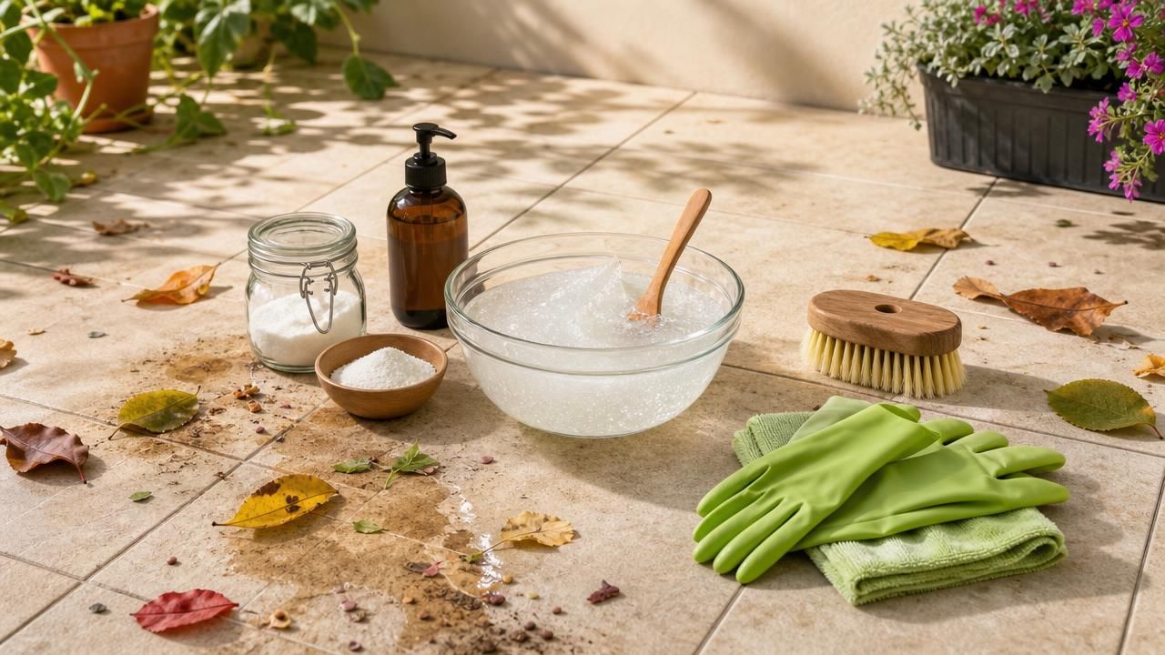 Première image de la recette Gel Oxygéné Minute : recette DIY anti-taches de feuilles pour carrelage de sol extérieur
