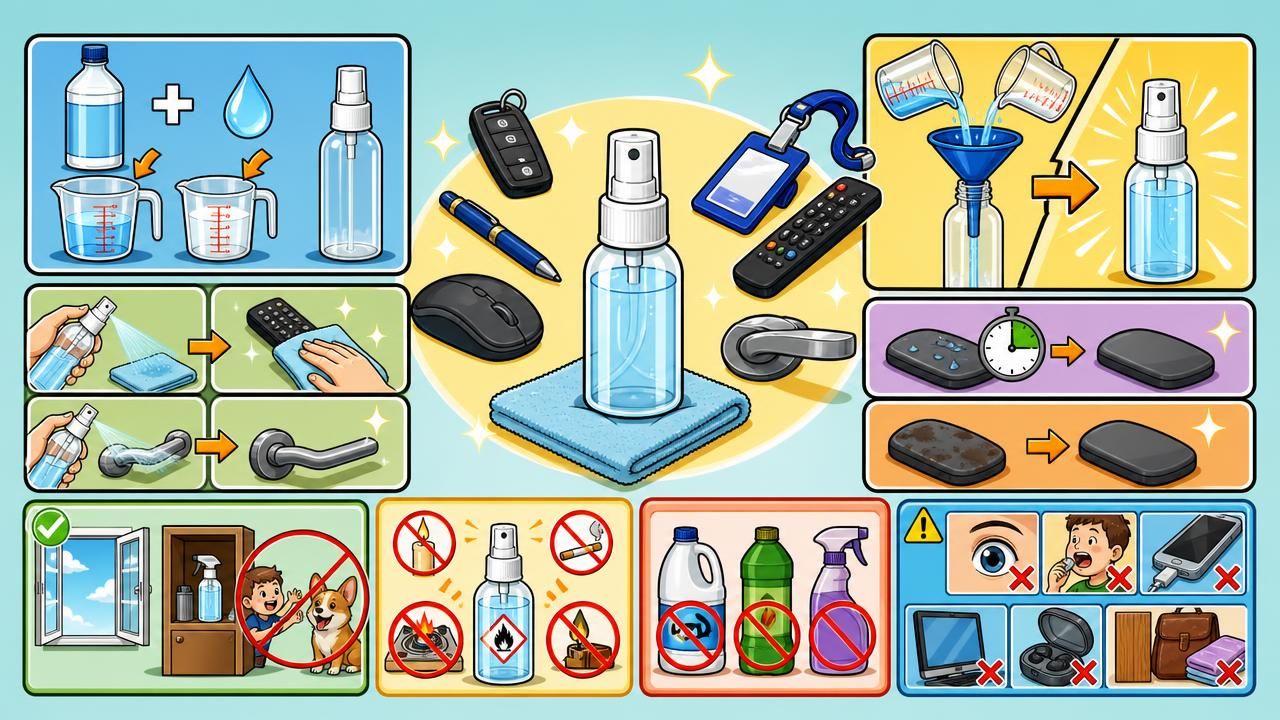 Première image de la recette Spray désinfectant de précision à l’alcool 70 % pour petits objets du quotidien