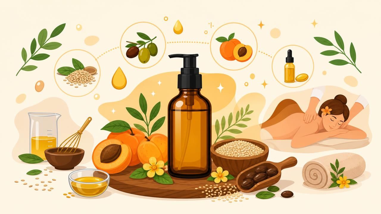 Première image de la recette Huile de Massage Rituel Doré au Sésame et à l’Abricot : Glisse Longue Durée & Peau Satinée