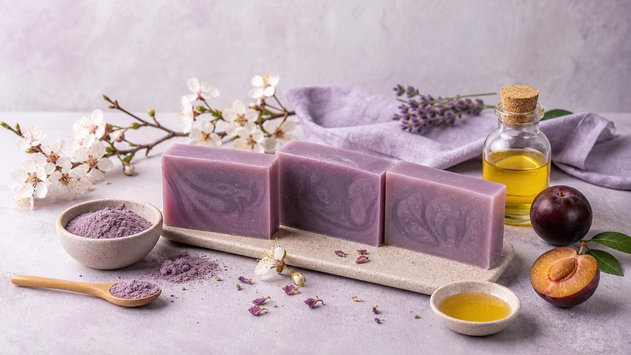 Première image de la recette Savon solide Nuit de Prune à l’Huile de Prune et Argile Violette