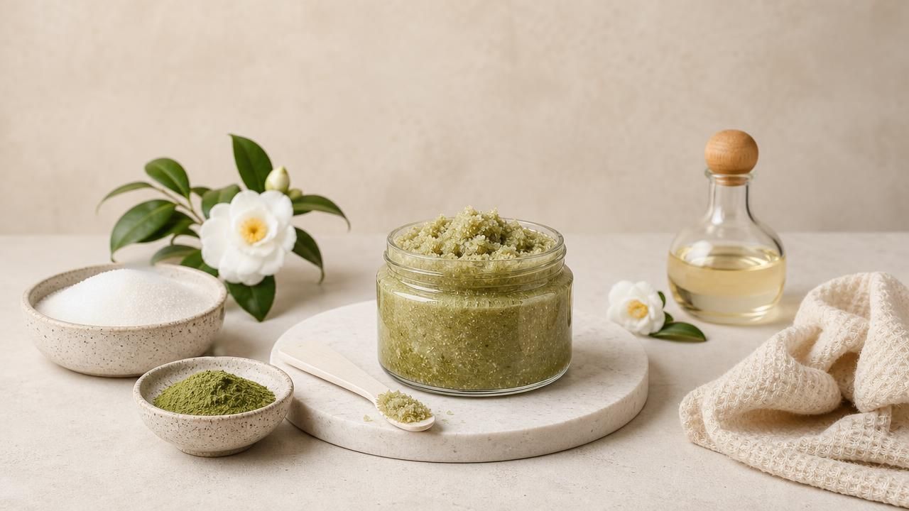 Gommage Corps Maison au Thé Matcha, Sucre Fin et Huile de Camélia, photo 1