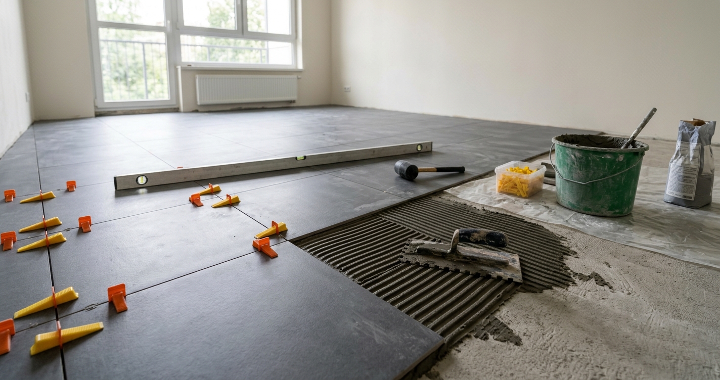 Лепене на голяма плочка гранитогрес на под със система за нивелиране