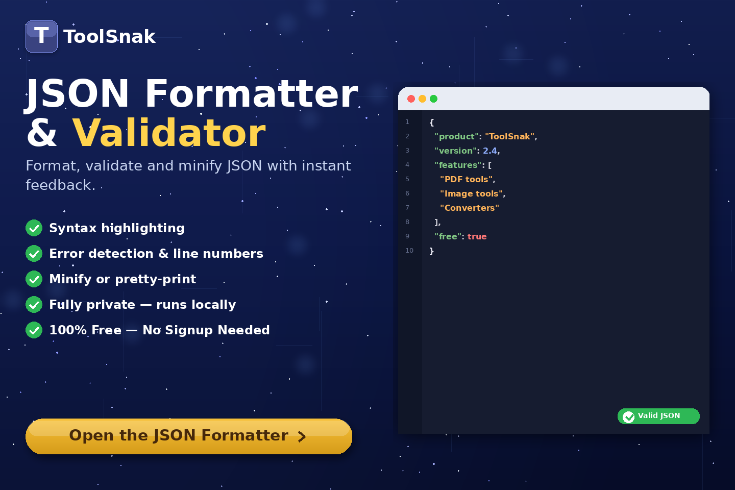 免费在线 JSON 格式化与校验工具 | Tool snak