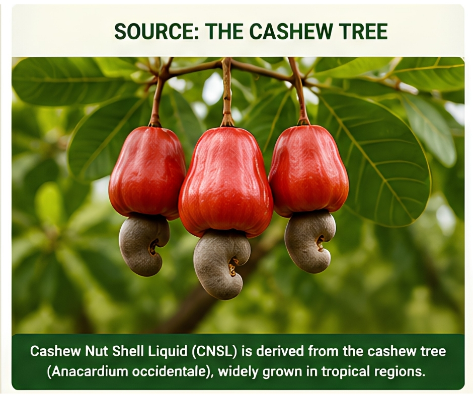 Cashew tree (Anacardium occidentale) producing cashew apples and cashew nuts.