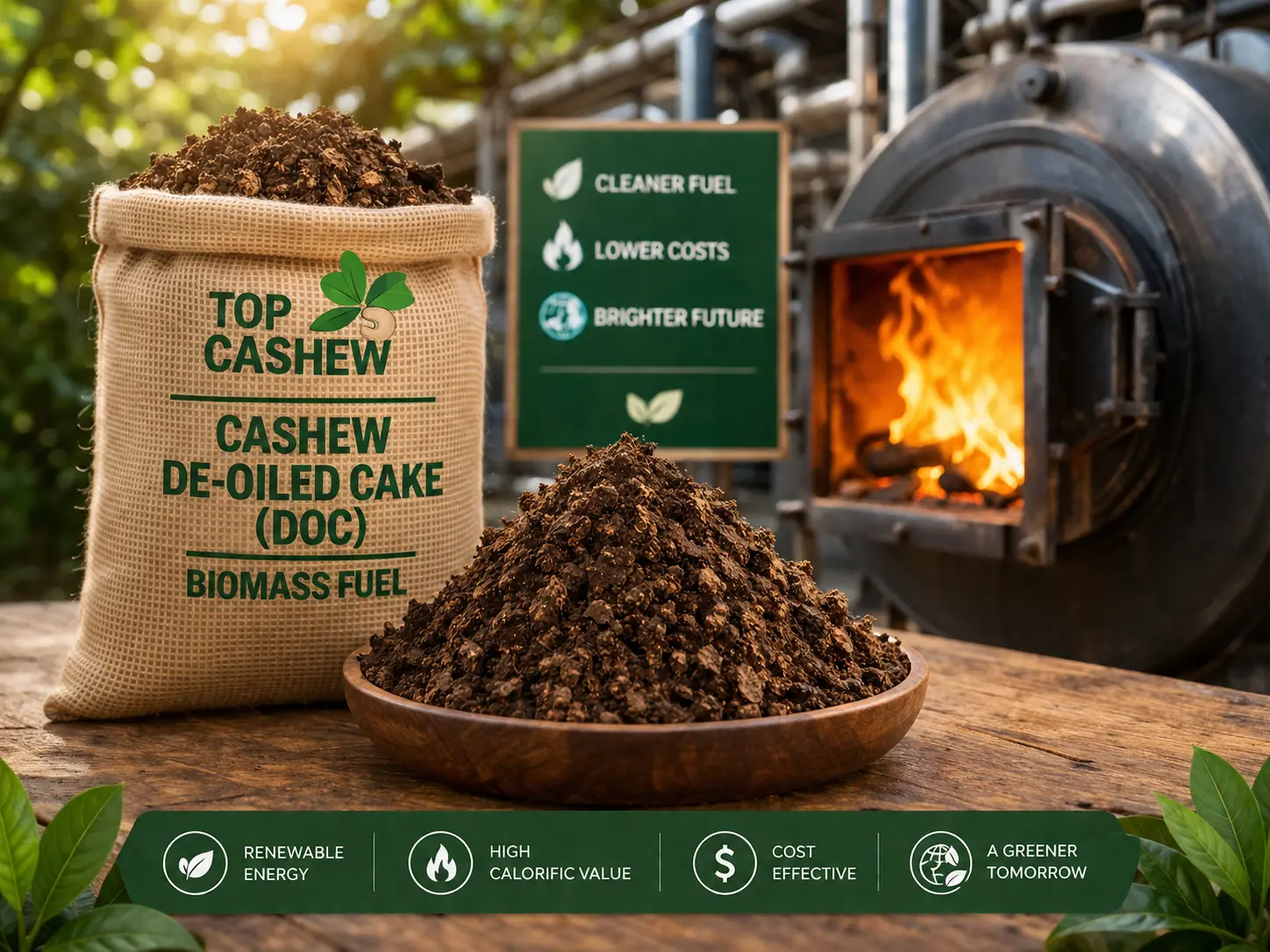 Industrial biomass fuel made from Cashew De-Oiled Cake (DOC) highlighting renewable energy, lower emissions, and sustainable fuel benefits.