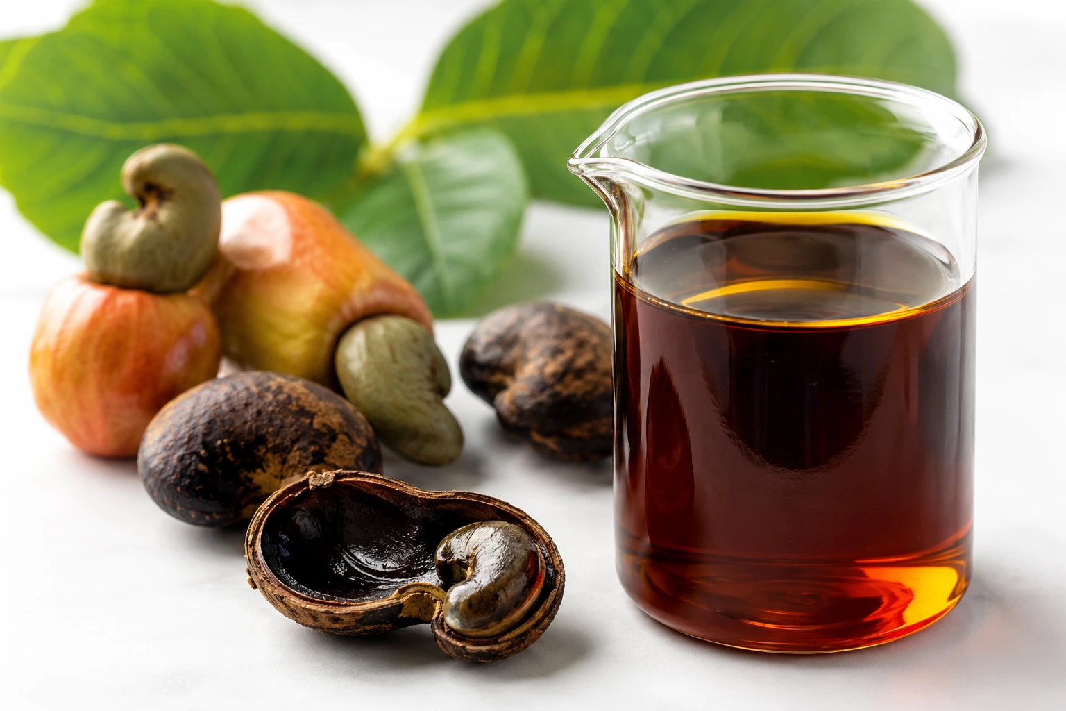 Pure Cashew Nut Shell Liquid (CNSL) oil in a glass beaker surrounded by cashew shells and nuts, a sustainable bio-based industrial raw material.