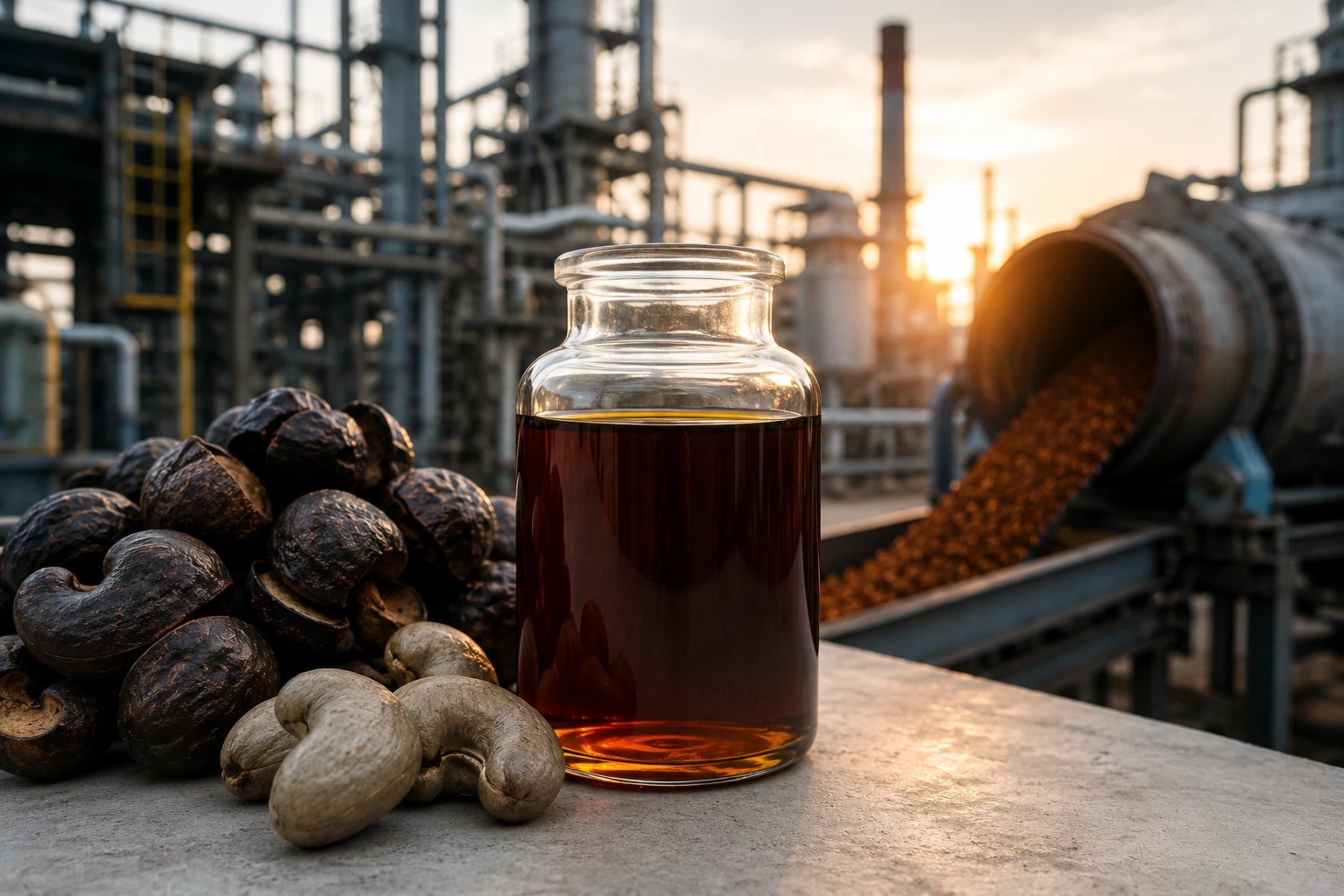 Dark brown Cashew Nut Shell Liquid (CNSL) oil in glass container with cashew shells at industrial manufacturing facility.