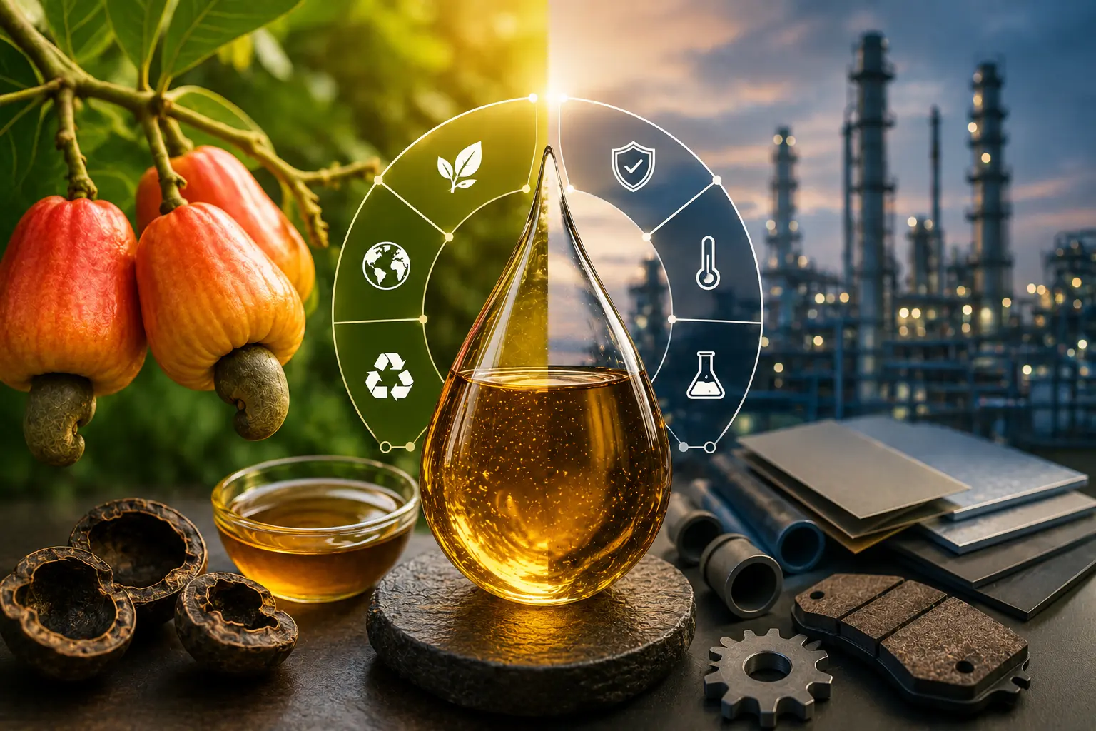 Cashew Nut Shell Liquid (CNSL) with cashew fruits showcasing sustainable bio-based industrial oil for coatings, resins, adhesives, and industrial applications.