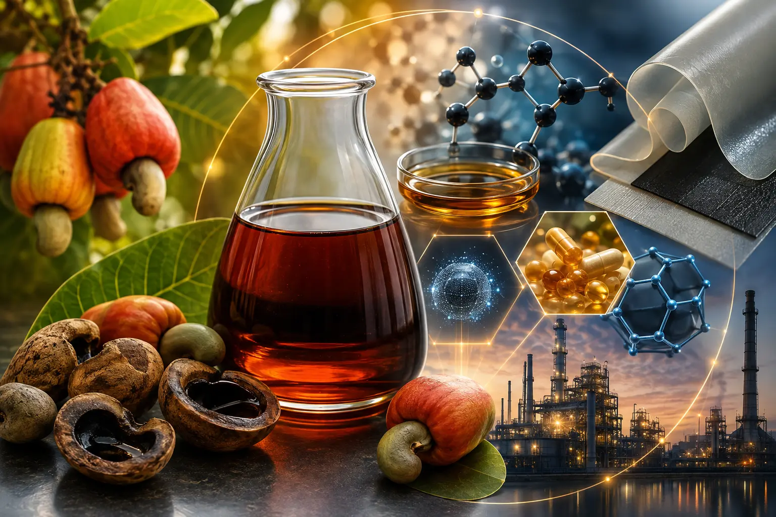 Cashew Nut Shell Liquid (CNSL) surrounded by cashew shells, bio-based materials, molecular structures, advanced coatings, pharmaceuticals, and industrial applications, representing the future of sustainable CNSL innovation.