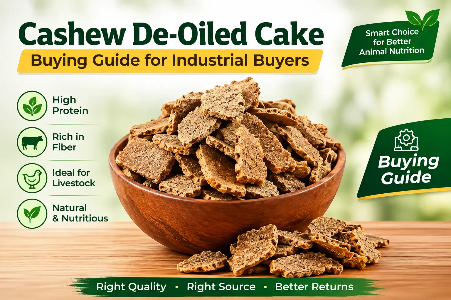 Cashew De-Oiled Cake buying guide for industrial buyers, highlighting high protein, rich fiber, livestock nutrition, and quality sourcing