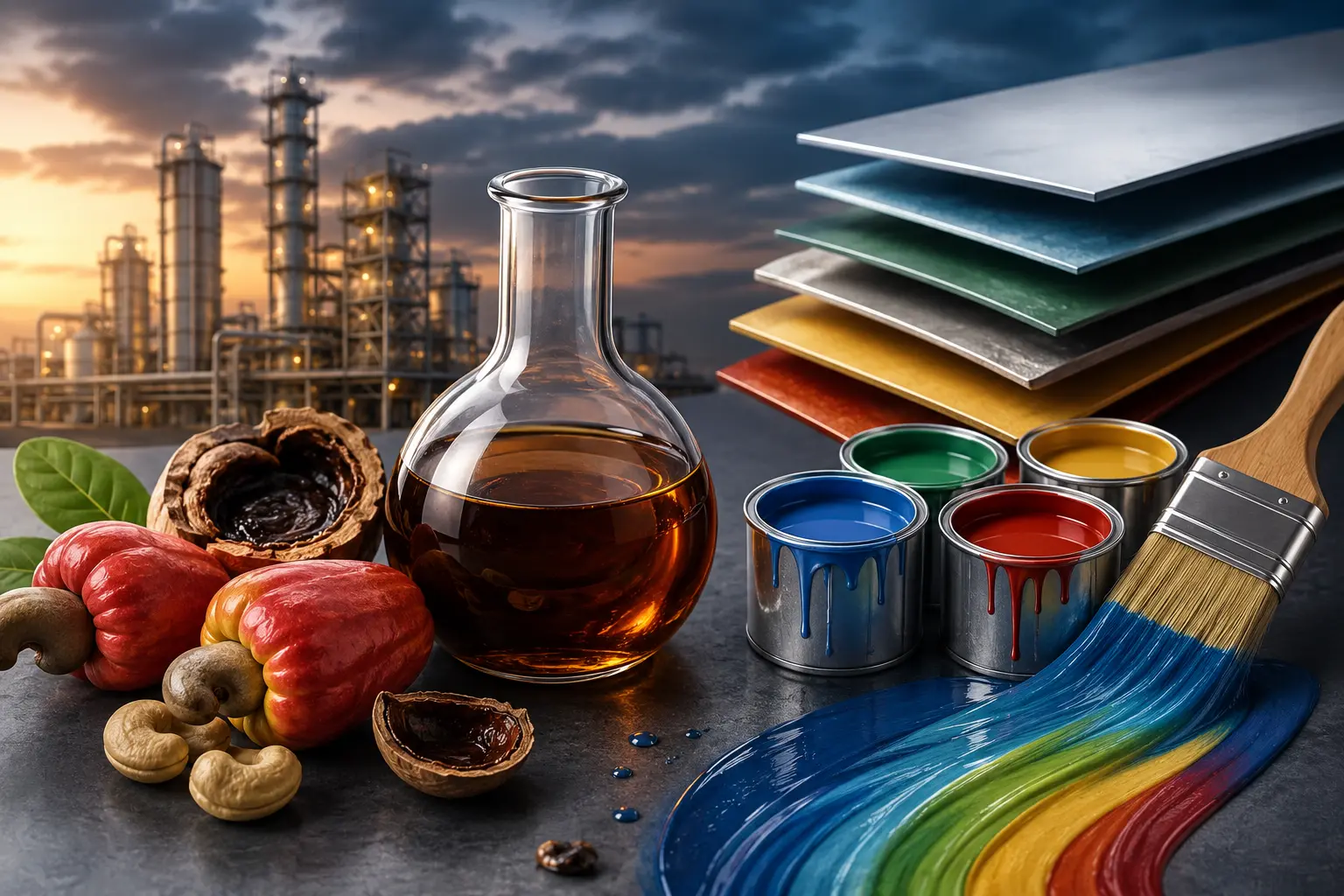 CNSL derived from cashew shells shown with colorful paints, coating materials, and industrial equipment, illustrating the use of Cashew Nut Shell Liquid in the paint and coatings industry.