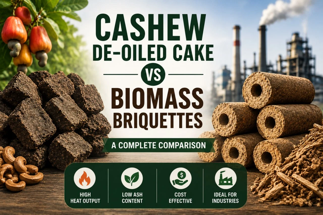 Cashew De-Oiled Cake vs Biomass Briquettes comparison showing fuel performance, cost-effectiveness, heat output, boiler efficiency, sustainability, and industrial applications.