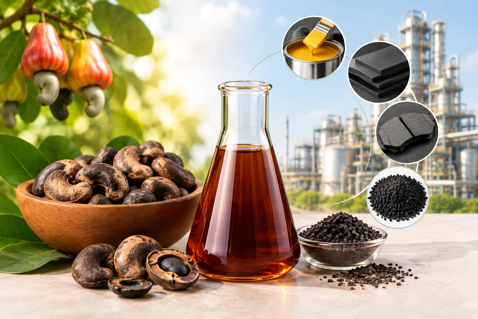 Cashew Nut Shell Liquid (CNSL) oil in a glass flask surrounded by cashew nut shells, processed materials and industrial manufacturing applications