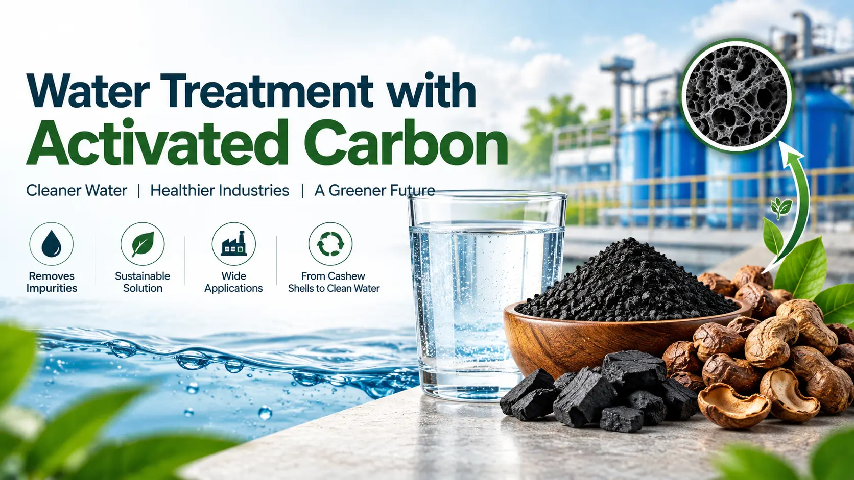 Water treatment with activated carbon, showing clean water, activated carbon, cashew shells, and an industrial water treatment plant.