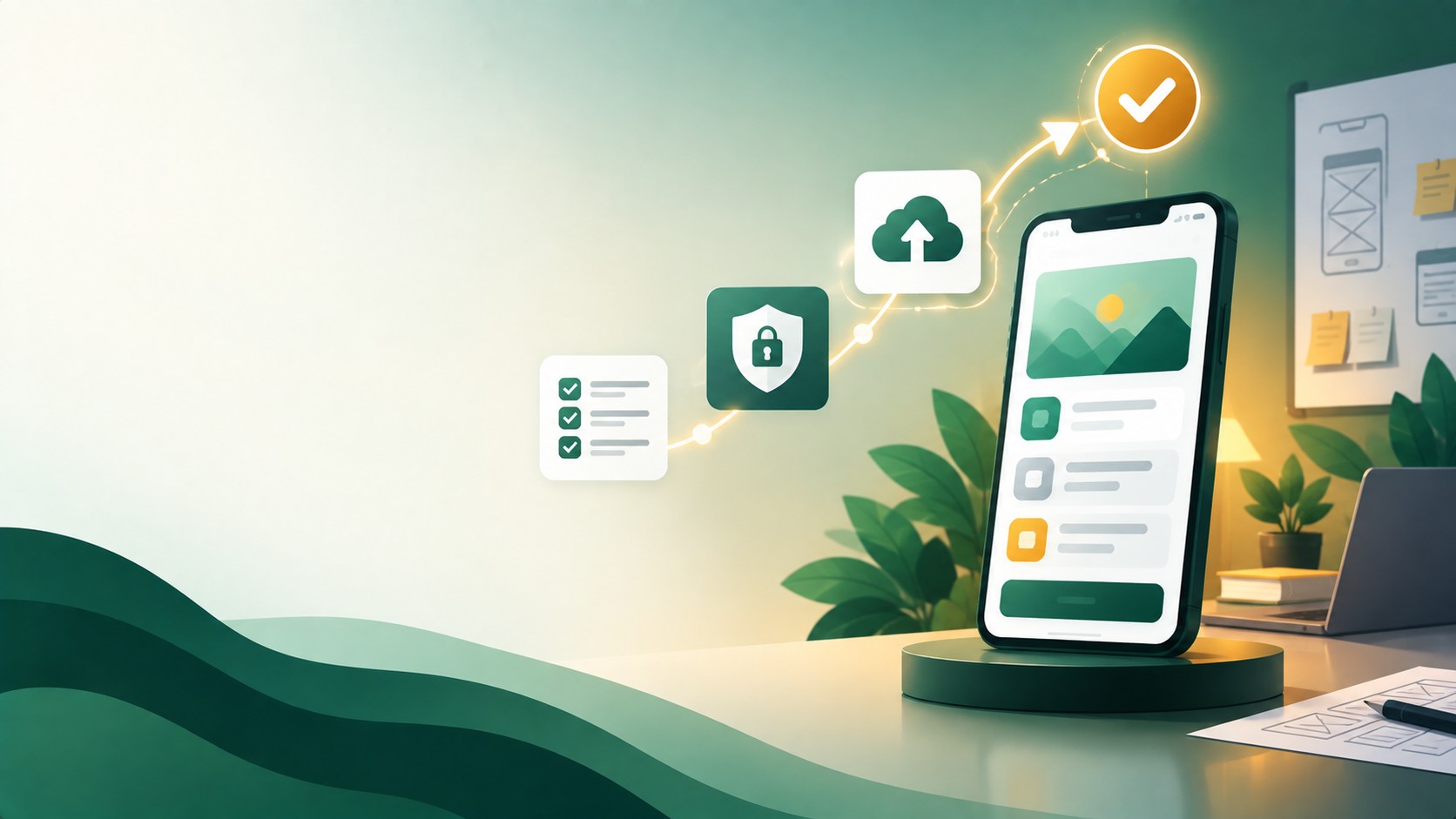 Smartphone screen with checklist, data safety, and upload icons, illustrating Play Store publishing requirements