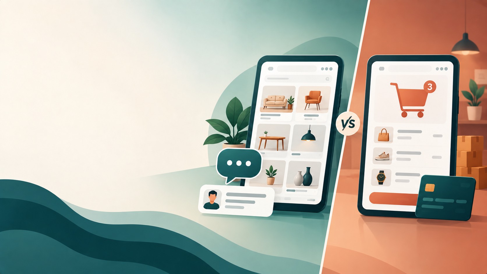 Split illustration of a product catalogue with chat icon and a shopping cart with payment icon, comparing catalogue website vs e-commerce