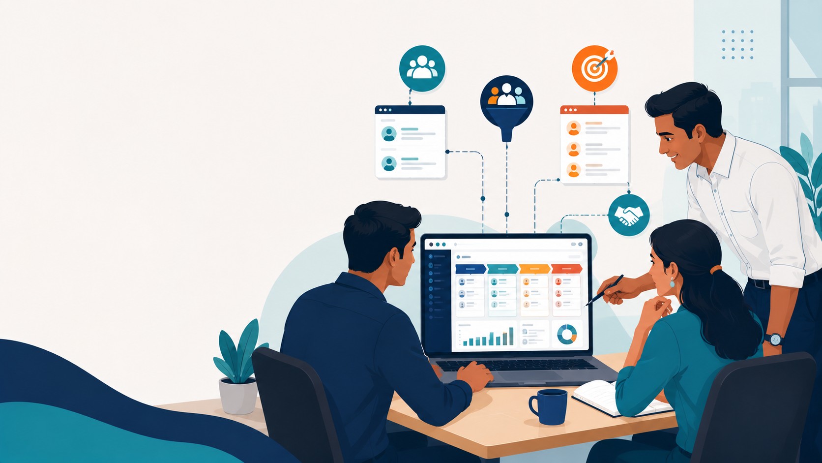 Sales team reviewing CRM pipeline dashboard, illustrating custom CRM software options for small businesses in India