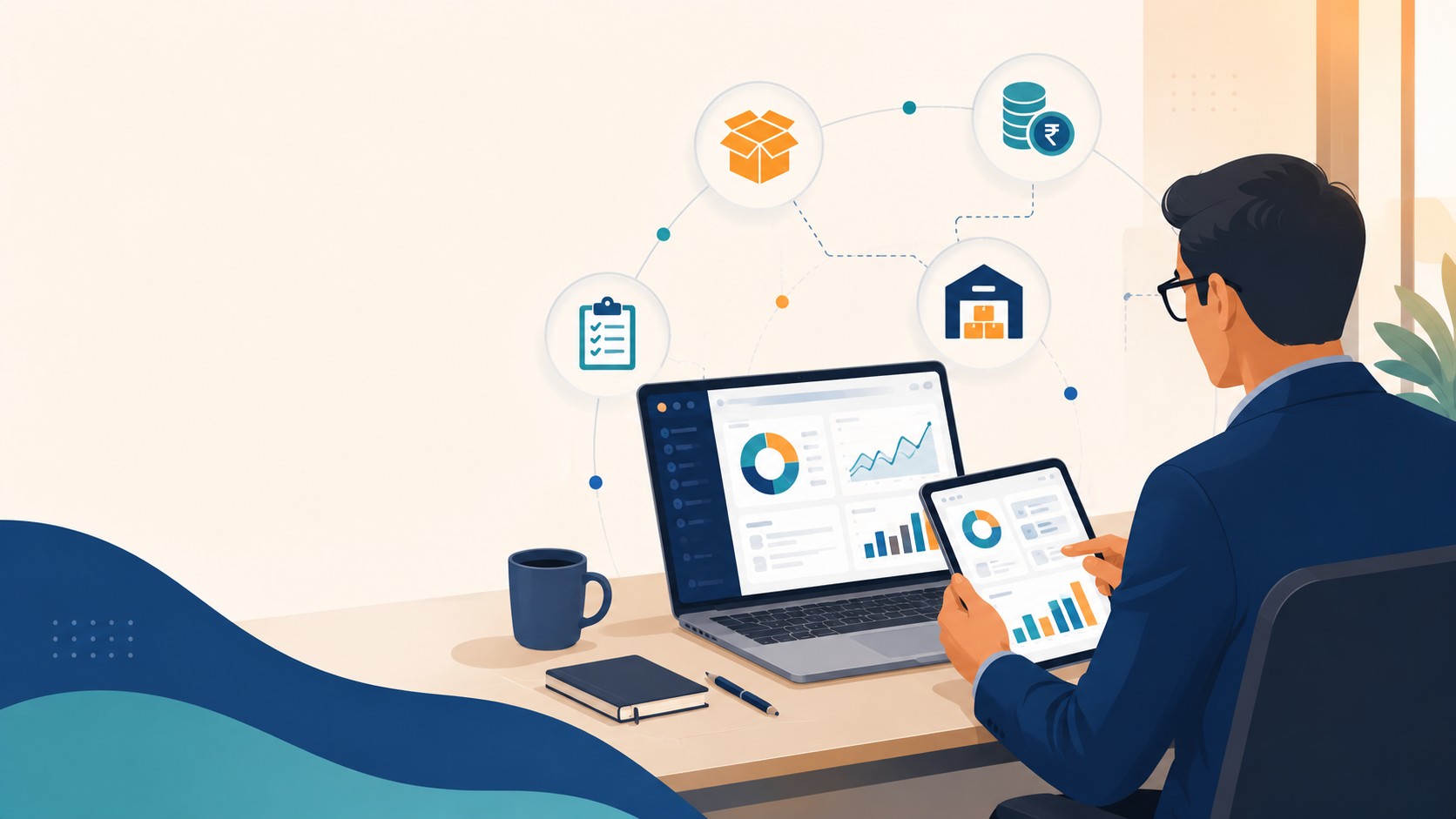 Business professional reviewing ERP software dashboard showing inventory and finance modules on a laptop, representing ERP cost planning for Indian SMEs