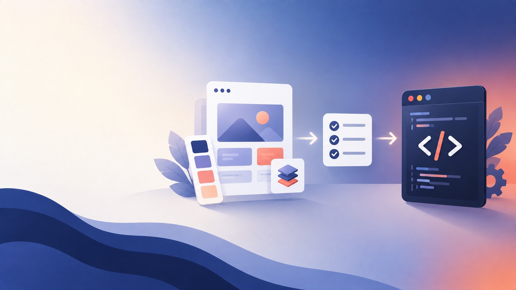 Design file icon connected to a code bracket icon with a checklist between them, illustrating Figma to code handoff