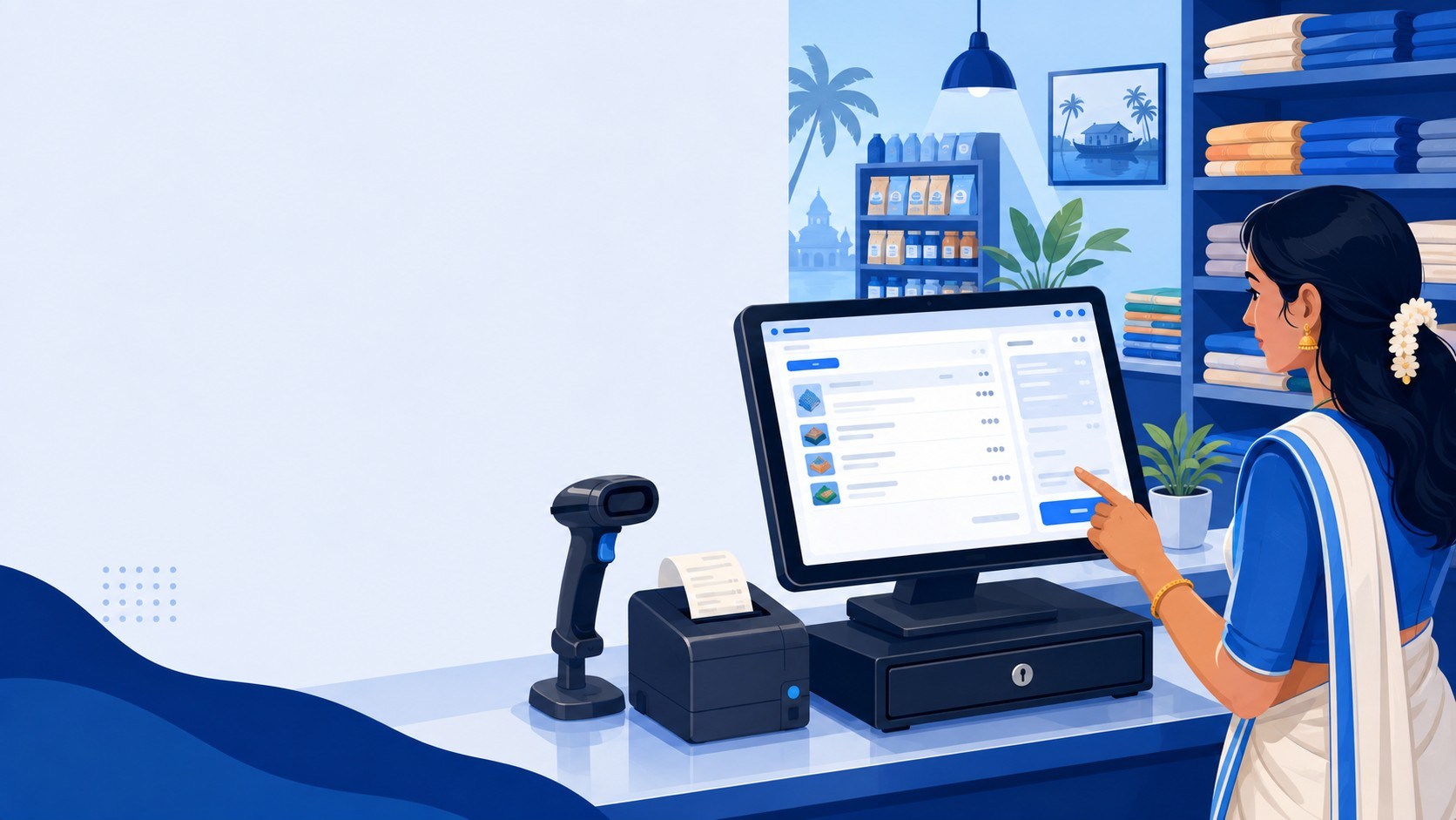 Retail billing counter with GST invoice screen and receipt printer, representing GST billing software options for Kerala retailers