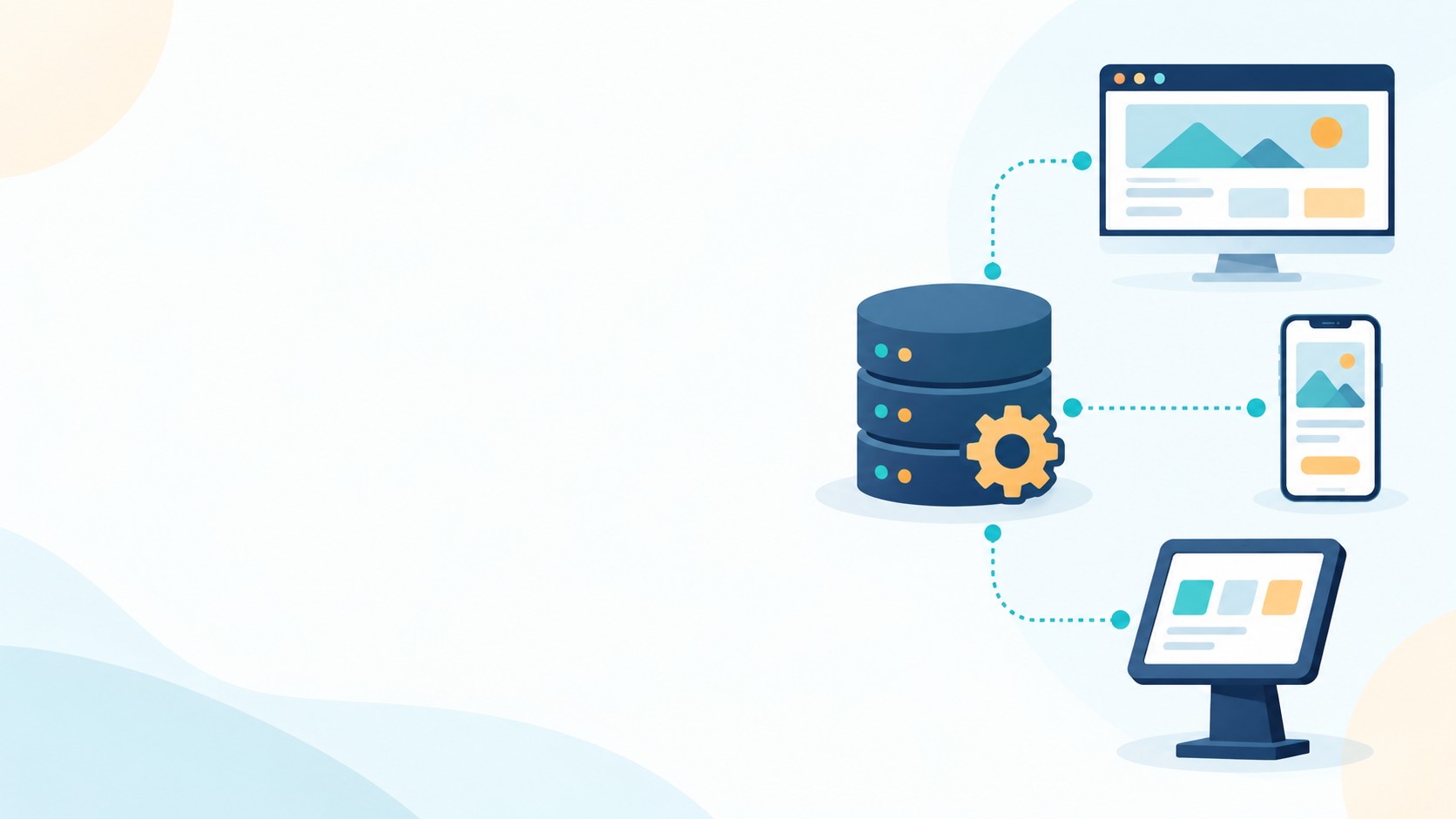 Backend server connected to browser, phone, and kiosk screens by API lines, illustrating headless commerce