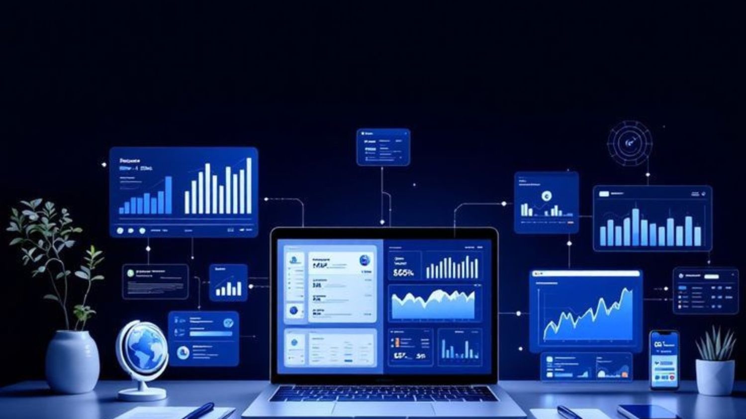 A startup founder reviewing an app idea on a laptop with validation metrics, user research notes, and market analysis indicators on screen.