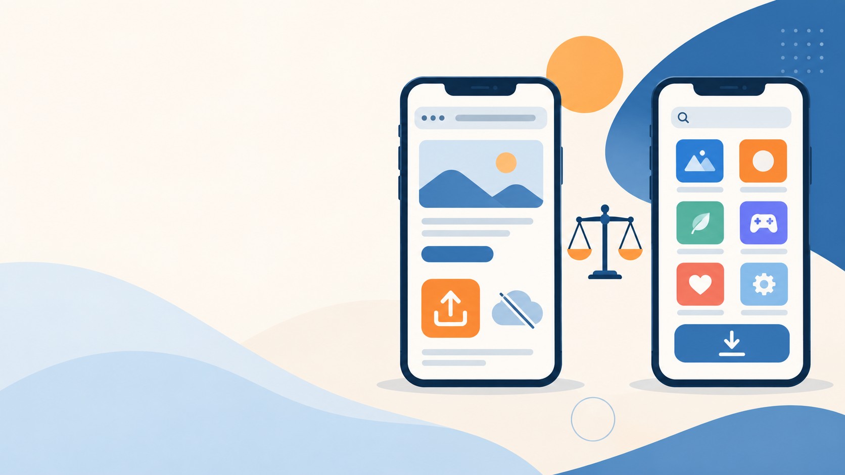 Phone with an installable web app beside a phone with app store tiles, comparing PWA vs native app