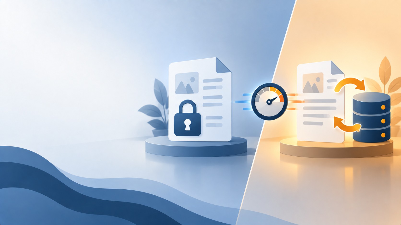 Split illustration of a fixed page icon and a database-connected page icon with a speedometer, comparing static vs dynamic website