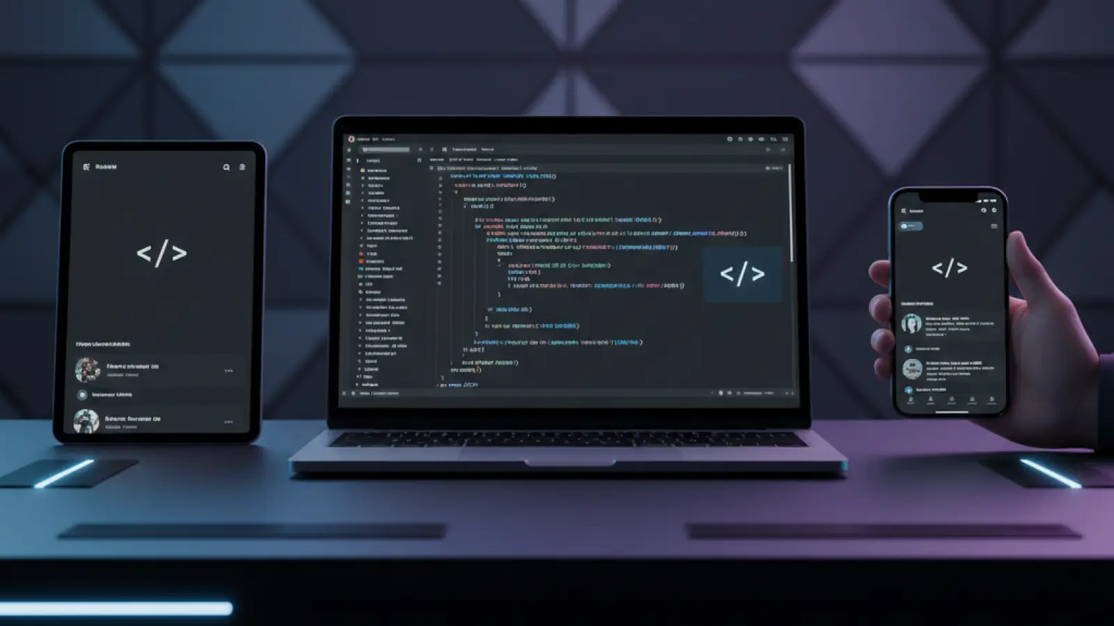 cross-platform development, showing a mobile phone, tablet, and laptop with code screens, emphasizing unified coding for multiple platforms and cost efficiency.