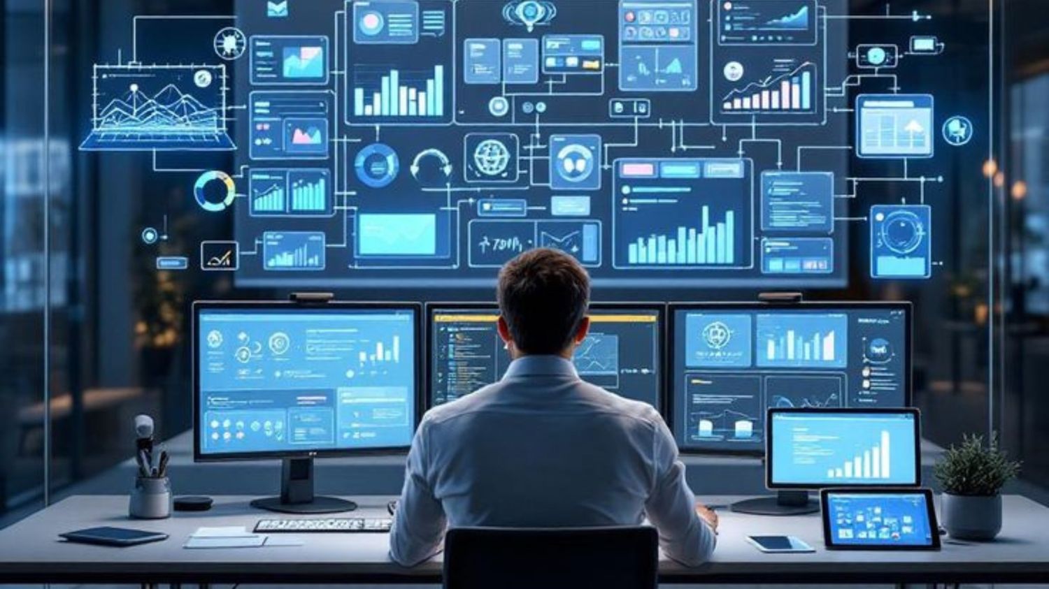 A futuristic dashboard floating above a phone showing simple retention metrics like active users, session time, and return rate. Clean data visuals with modern UI design to represent analytics driven user retention.