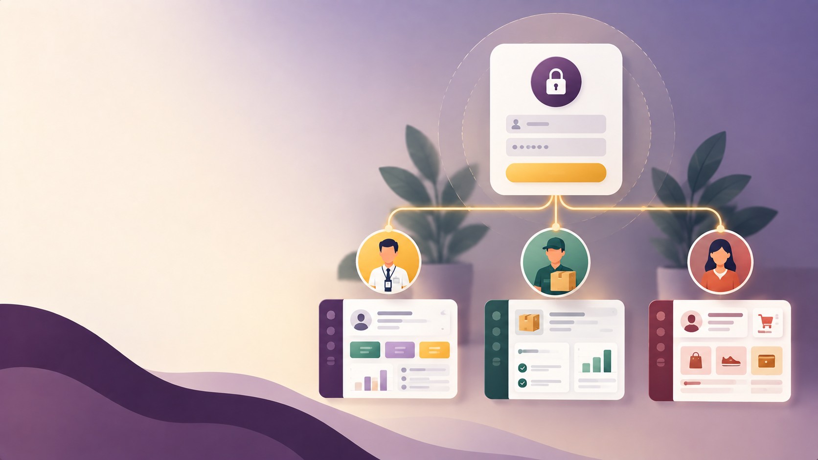 Login screen branching into employee, vendor, and customer dashboard icons, illustrating what a portal website is