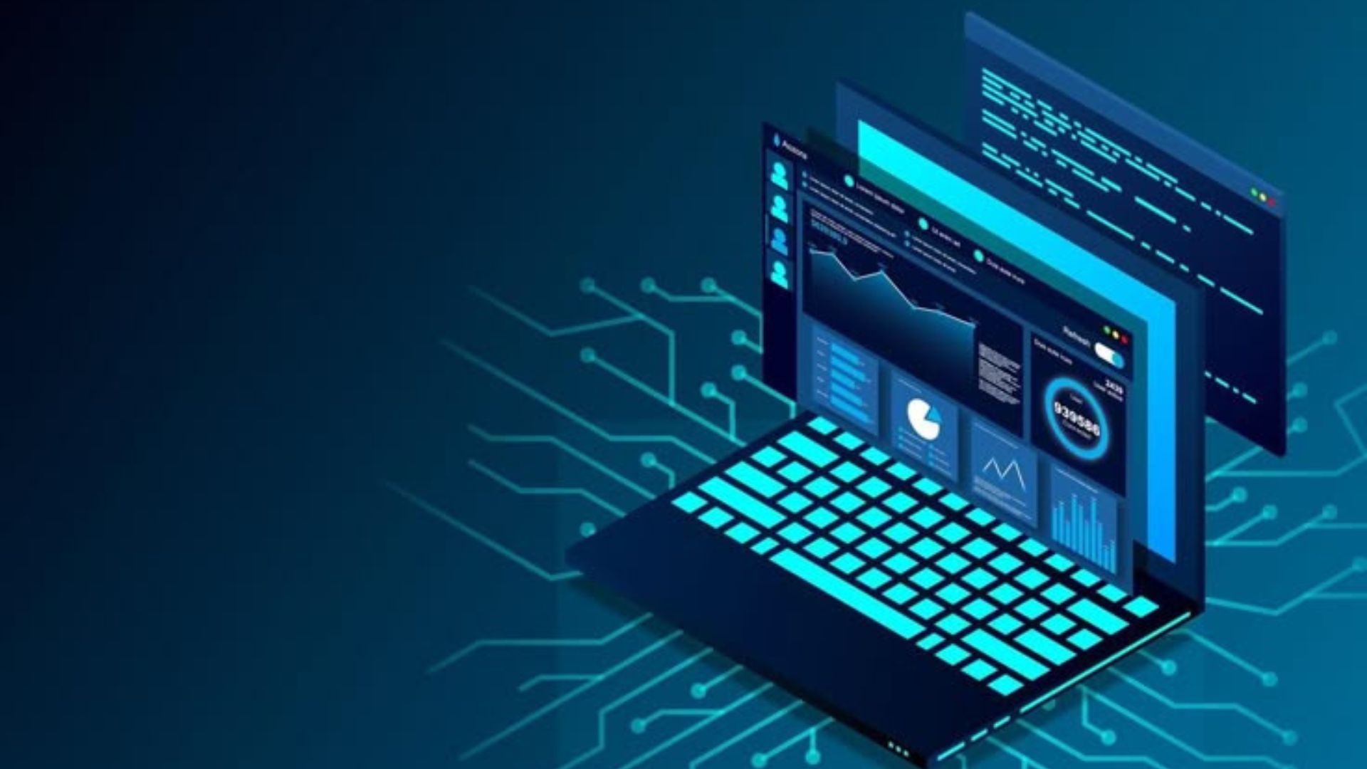 Futuristic blue illustration of a laptop with holographic web dashboards and code interfaces, symbolizing custom web and mobile app development by Total X Softwares in Kerala.