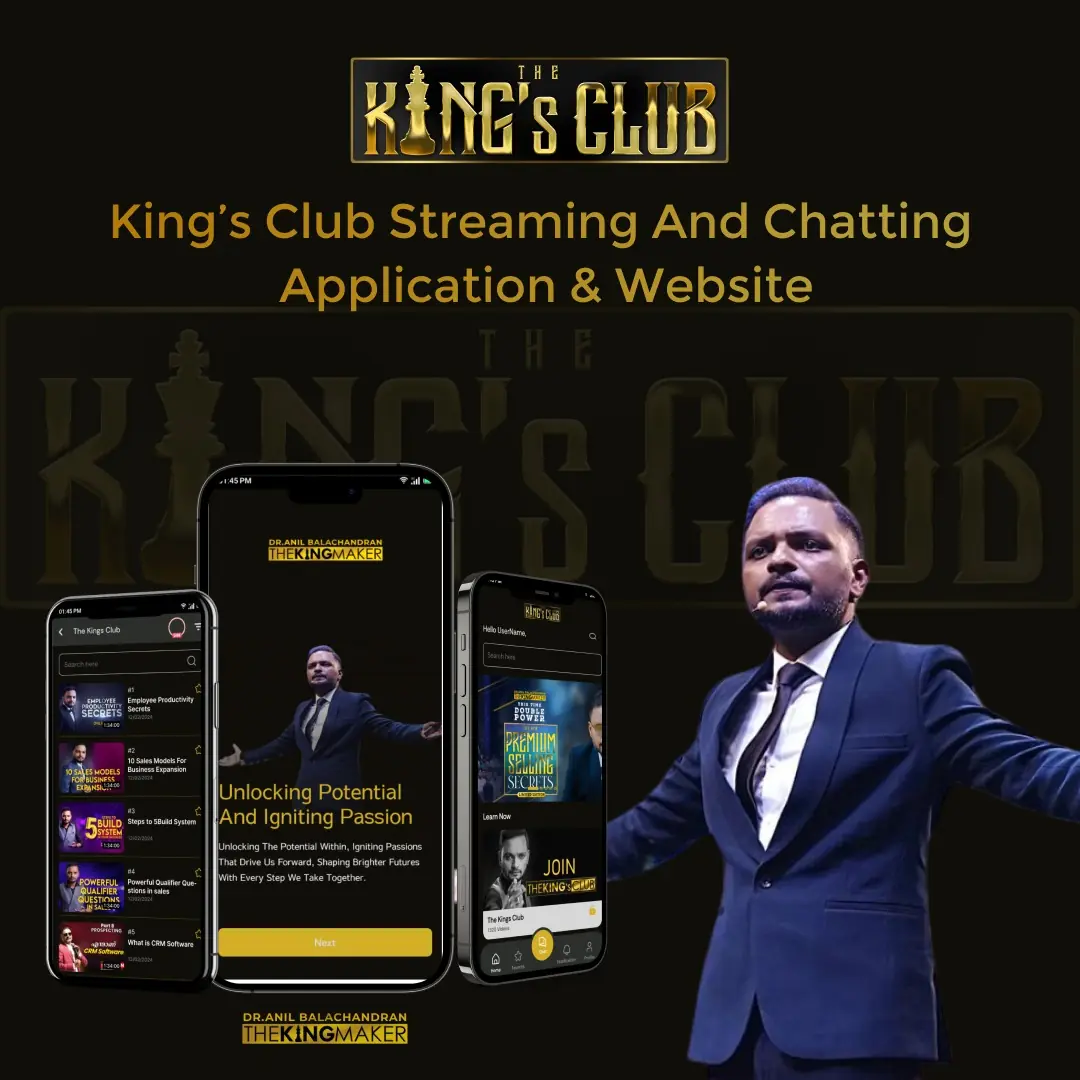 Dr. Anil Balachandran’s King’s Club mobile app showing iOS and Android interfaces for entrepreneurial learning and live classes.