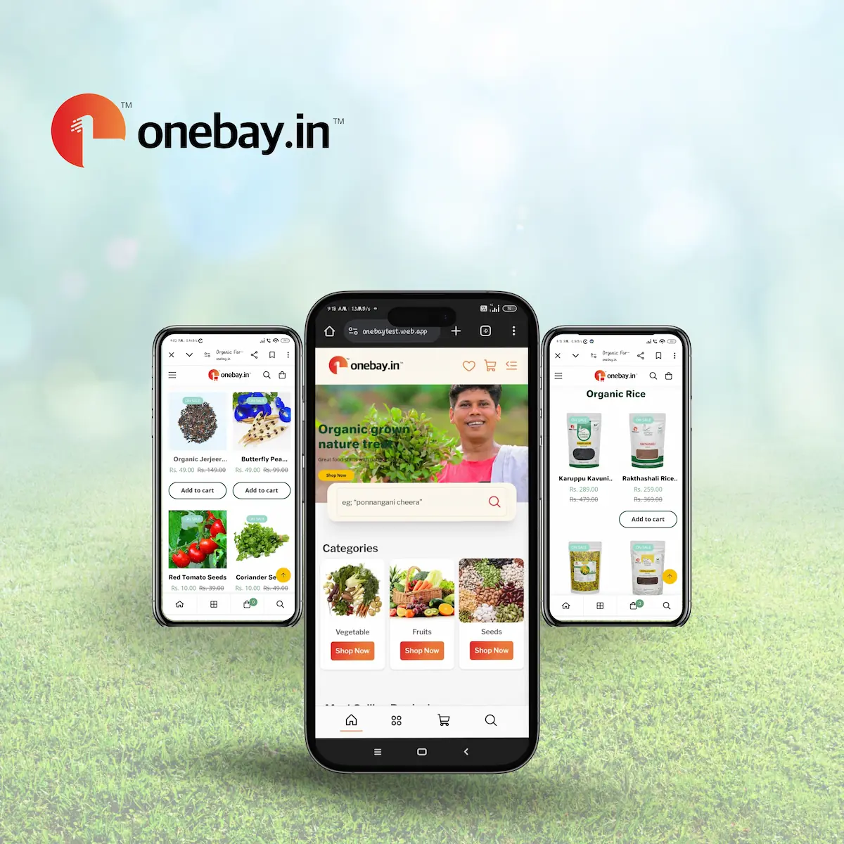 Firoz Chuttippara’s Onebay.in website view, showcasing the organic grocery store interface with fresh vegetables and products.