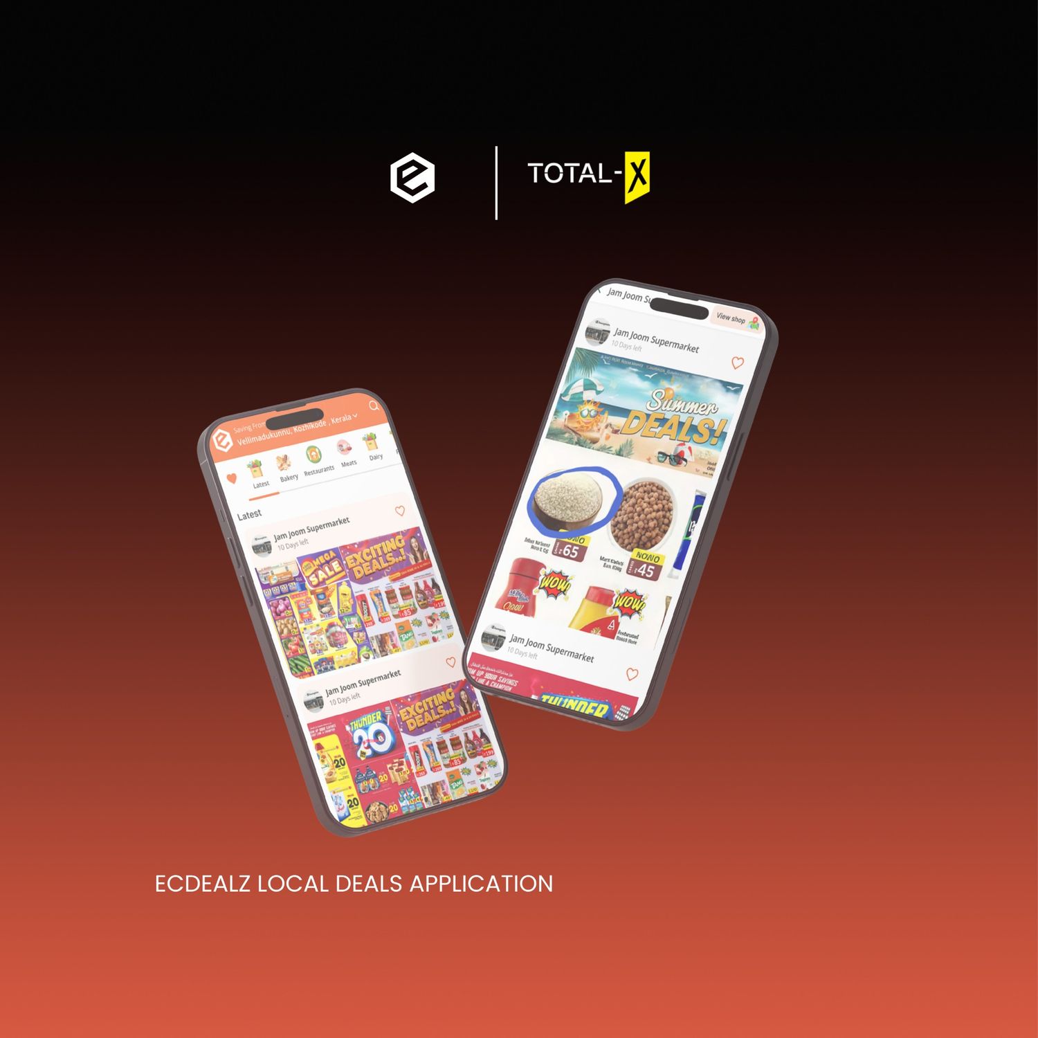 Portfolio mockup showcasing the EcDealz local deals mobile application displayed on two smartphones, highlighting nearby shop offers, promotional flyers, discount listings, and a vibrant, user-friendly deal discovery experience developed by TotalX.
