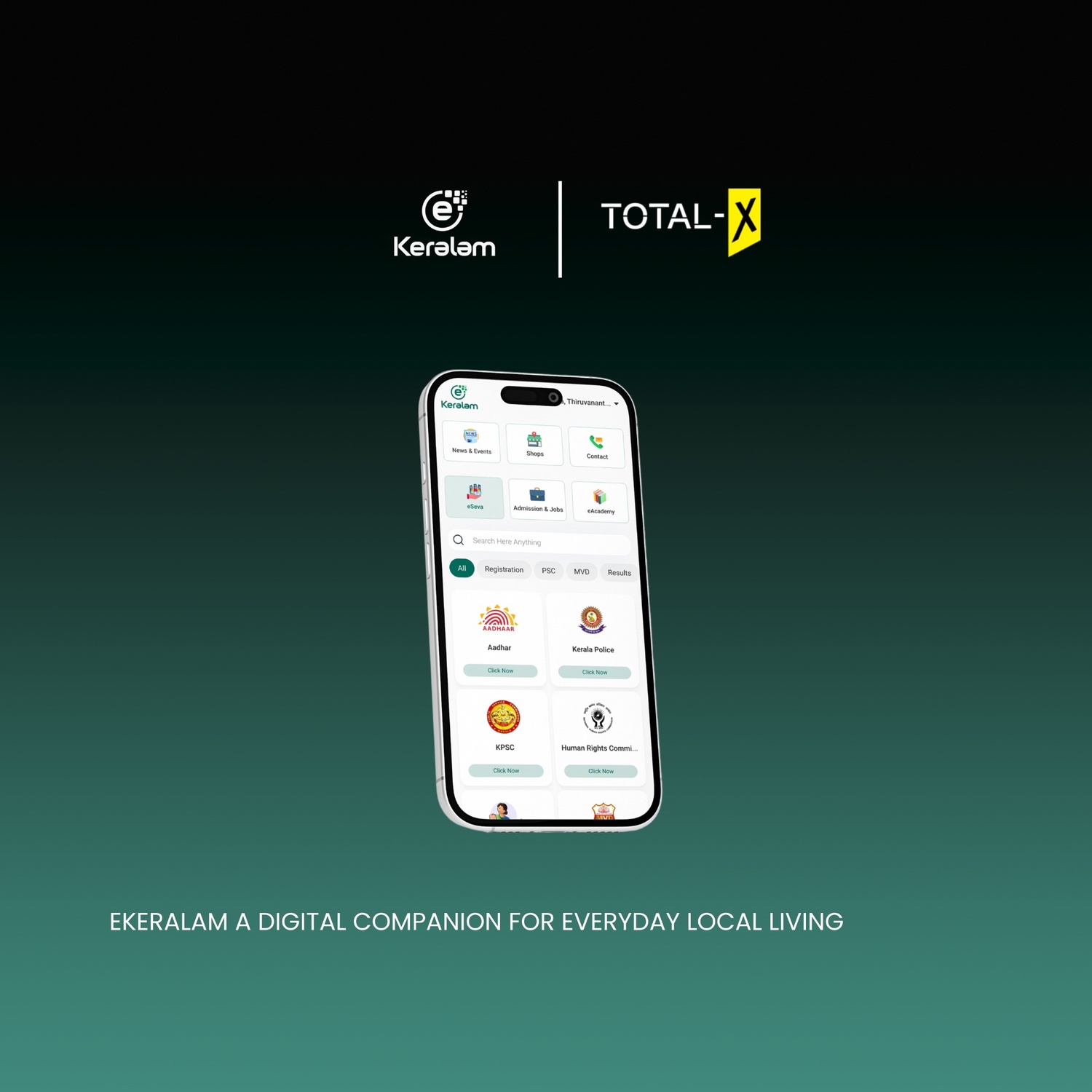 Mobile interface of eKeralam, a digital companion app for local living, featuring access to government services, news, jobs, and essential resources, presented on a smartphone with eKeralam and TotalX branding.