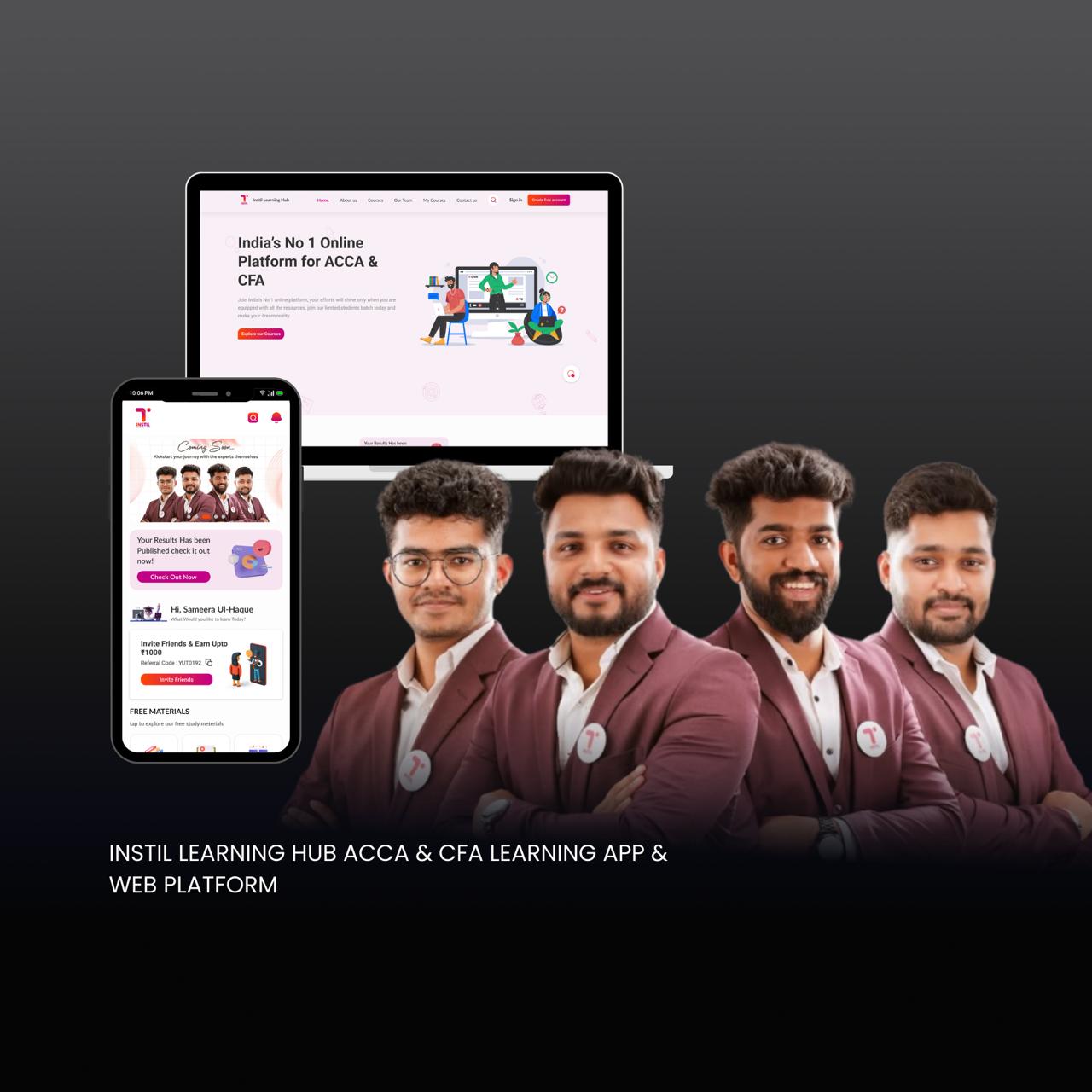 Portfolio visual showcasing the Instil Learning Hub ACCA and CFA learning platform, displaying the mobile app and web interface with live classes, recorded courses, structured study programs, and a professional finance education experience.
