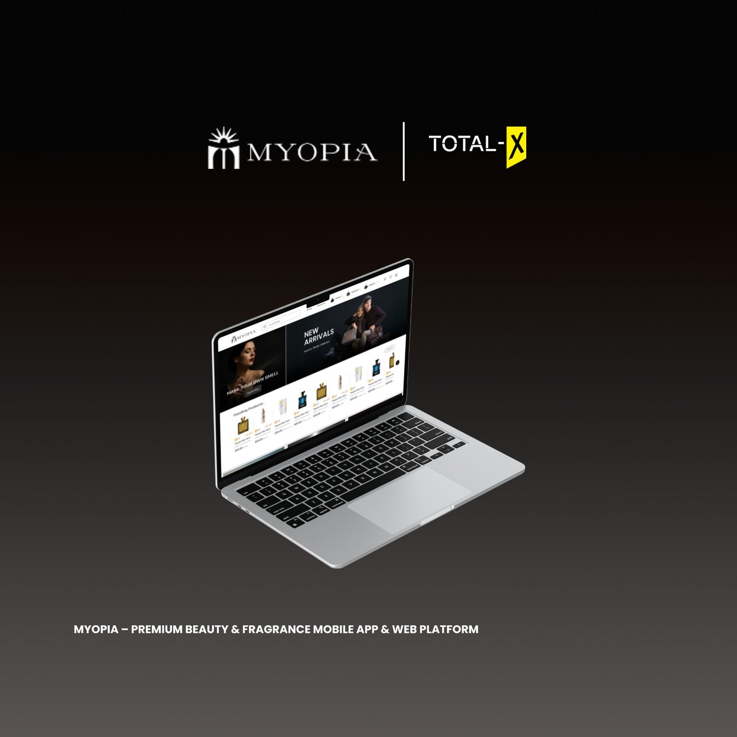 Portfolio mockup showcasing the Myopia premium beauty and fragrance website displayed on a laptop, highlighting new arrivals, product collections, and a modern luxury eCommerce design developed by TotalX.