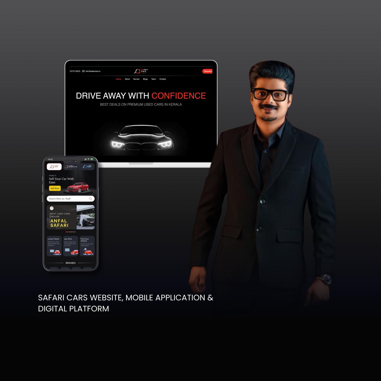 A realistic portfolio mockup displaying Safari Cars’ digital presence across devices. The image shows the Safari Cars website on a desktop screen featuring a luxury black car with the tagline “Drive Away with Confidence,” the accessories eCommerce platform on a laptop highlighting various car products, and an information page on a tablet — representing the brand’s complete digital transformation by TotalX.