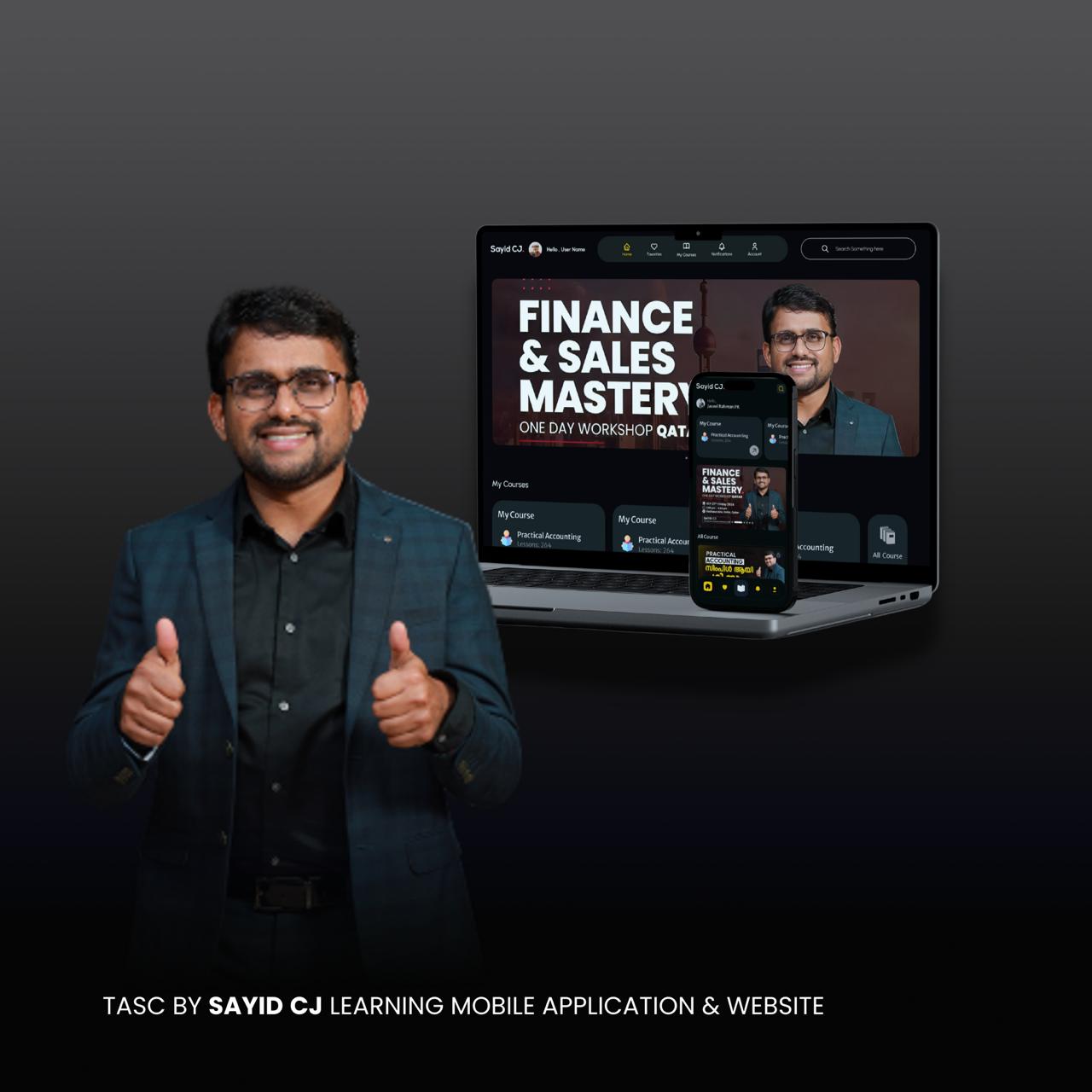 Portfolio visual showcasing the TASC by Sayid CJ learning platform, featuring the instructor presenting accounting concepts on a desktop screen and a mobile app interface in the foreground, highlighting structured lessons, professional training, and a modern digital learning experience.