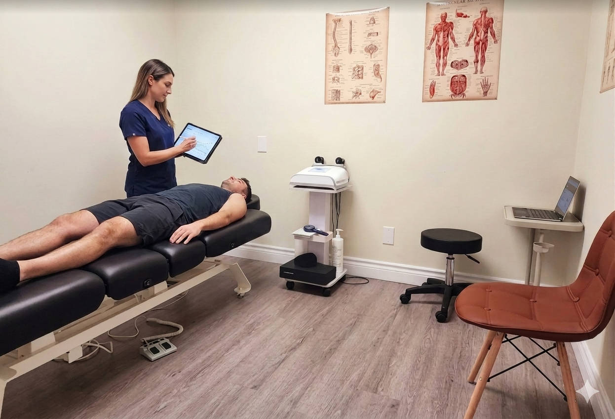 Physiotherapist tracking patient progress during treatment in Brampton