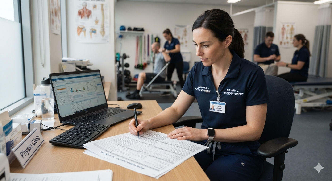 Registered physiotherapist reviewing patient assessment in Brampton
