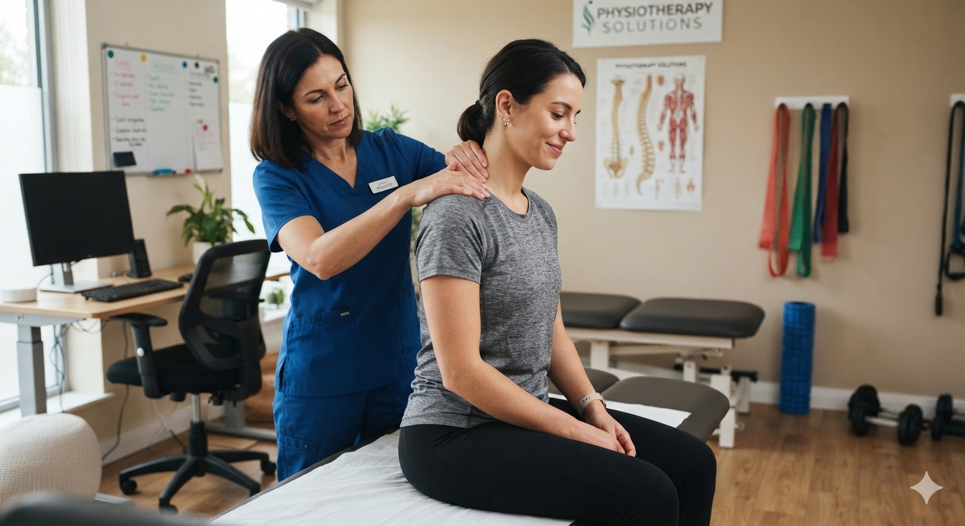 Physiotherapist helping a desk worker with posture-related pain in Brampton