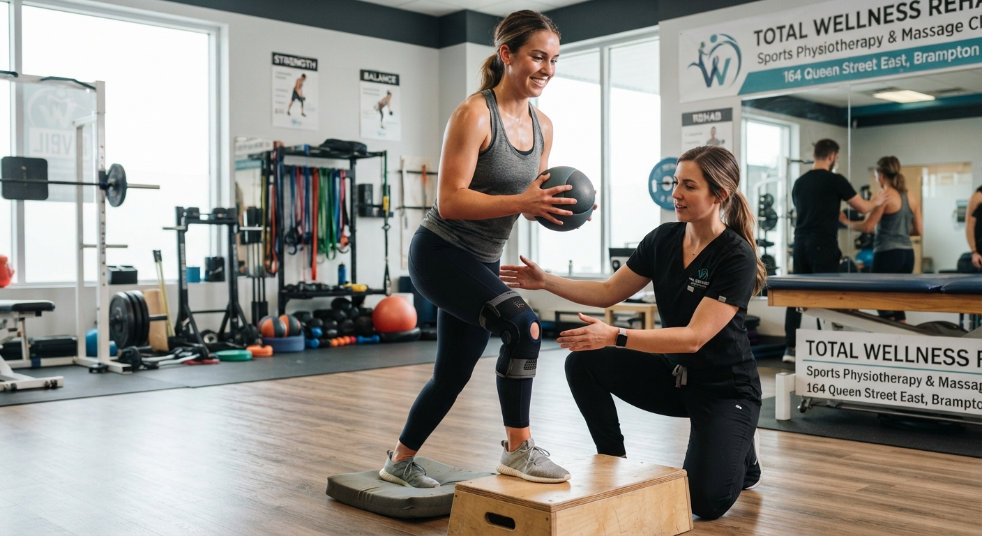 Athlete performing rehab exercises with a physiotherapist in Brampton